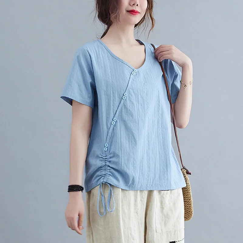 

Women Cotton Linen Casual T-shirts New 2021 Summer Vintage Style V-neck Solid Color Loose Female Short Sleeve Tops Tees S3897