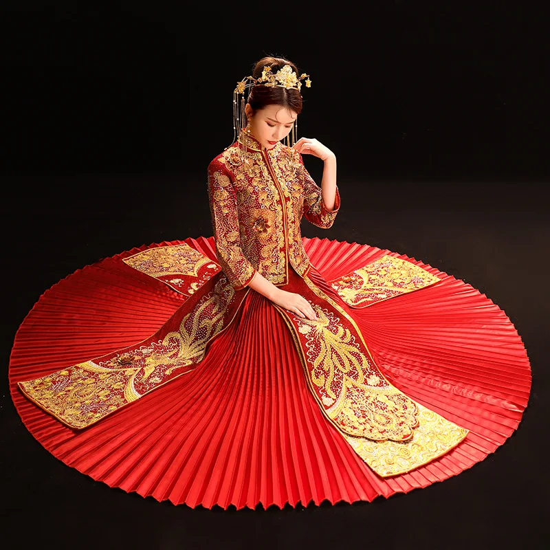 

Phoenix Embroidery Rhinestone Formal Dress Royal Wedding Cheongsam Bride Vintage Chinese Traditional Tang Suit Qipao