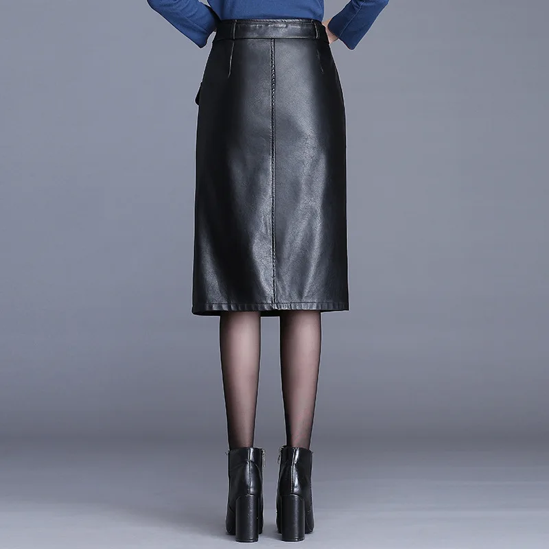 Женская длинная юбка из ПУ кожи с завышенной талией | одежда