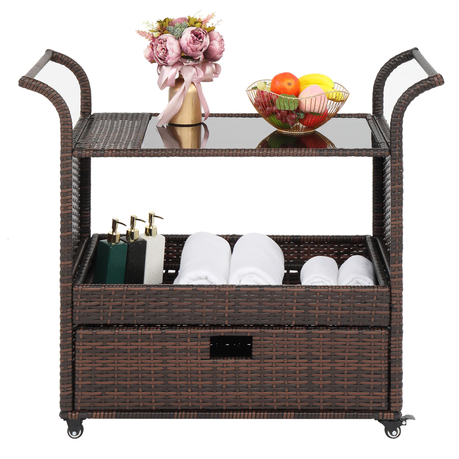 

102x47x93CM Outdoor Patio Wicker Rattan Serving Bar Cart Sideboard with 1 Drawer Brown Gradient[US-Stock]