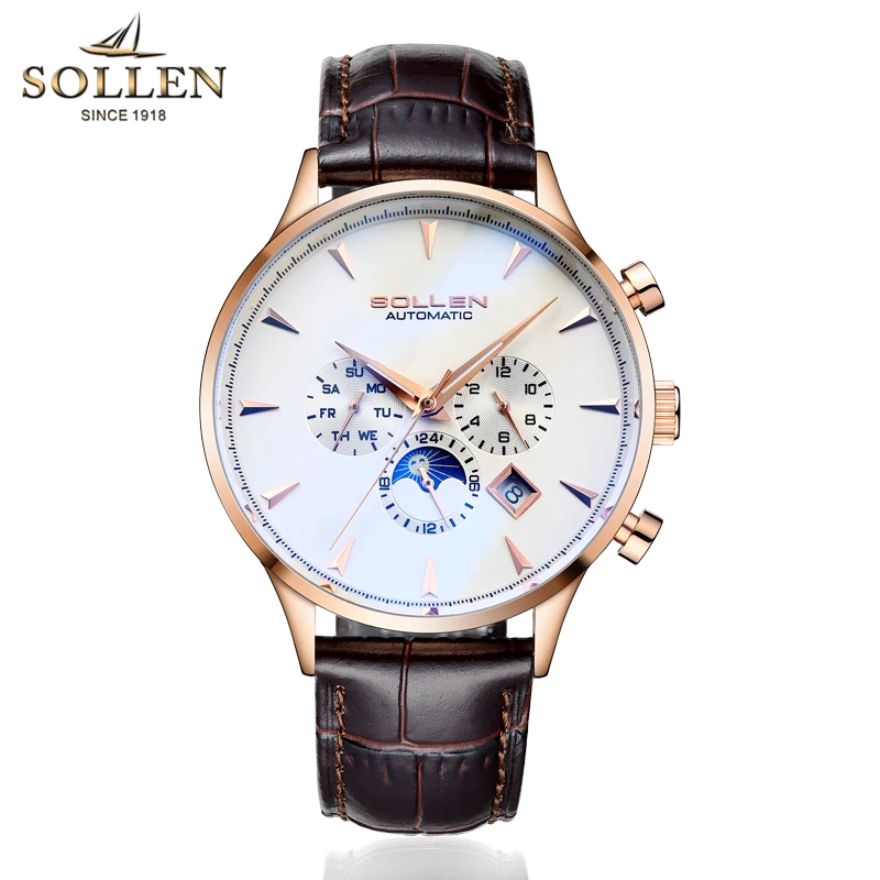 

Luxury Brand Switzerland SOLLEN Automatic Mechanical Men Watches Sapphire Multi-function Dial Moon Phase Leather Strap SL303