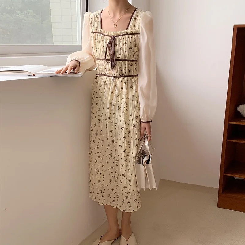 

Sweet Print Slim Waist Woman Fairy Dress Elegant Square Collar Vestido De Mujer Chic Folds Design Long Sleeve Femme Robe