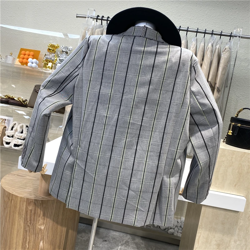 

Fashionable Retro Plaid Loose Suit Jacket 2021 New Color Grey Plaid Lapel Long Sleeve Top Jacket Long Blazer