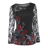new spring autumn rose cool goth t shirt gothic women long sleeve top hollow out slim fit lace patchwork tees elegant streetwear