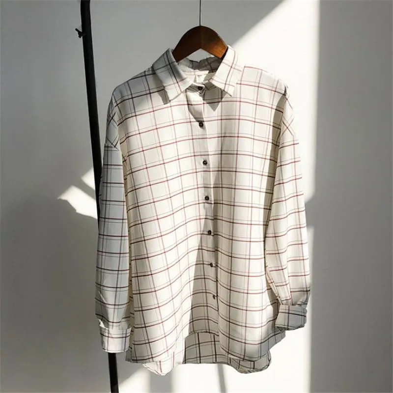 Женская клетчатая блузка с длинным рукавом Повседневная Свободная хлопковая в