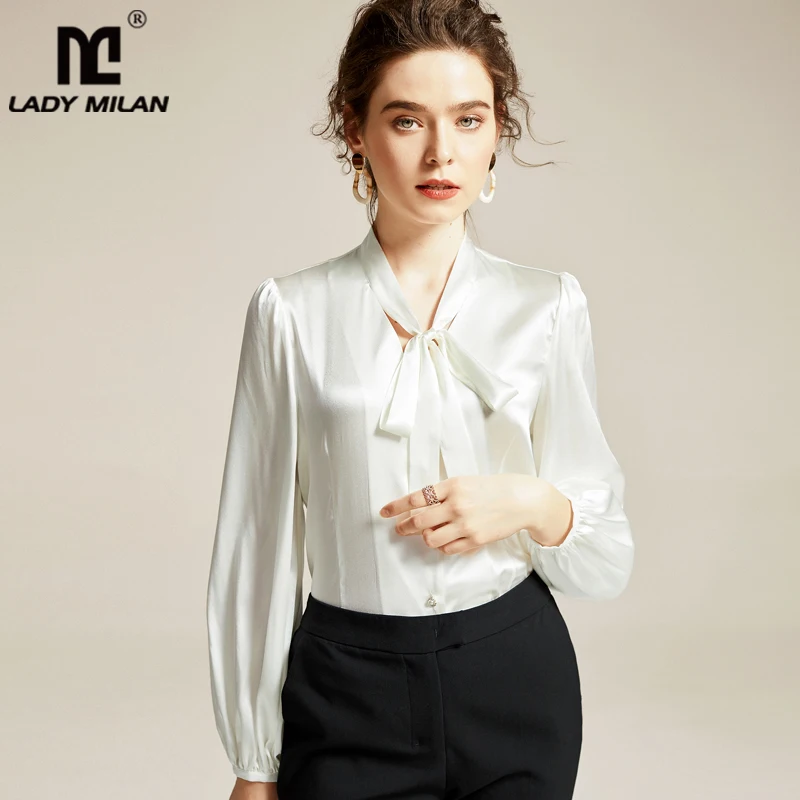 100% Шелковая женская рубашка с поясом и бантом на воротнике длинными рукавами