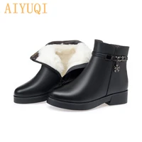 winter new genuine leather mother shoes natural wool warm women ankle boots flat snow boots large size 41 42 43 non slip