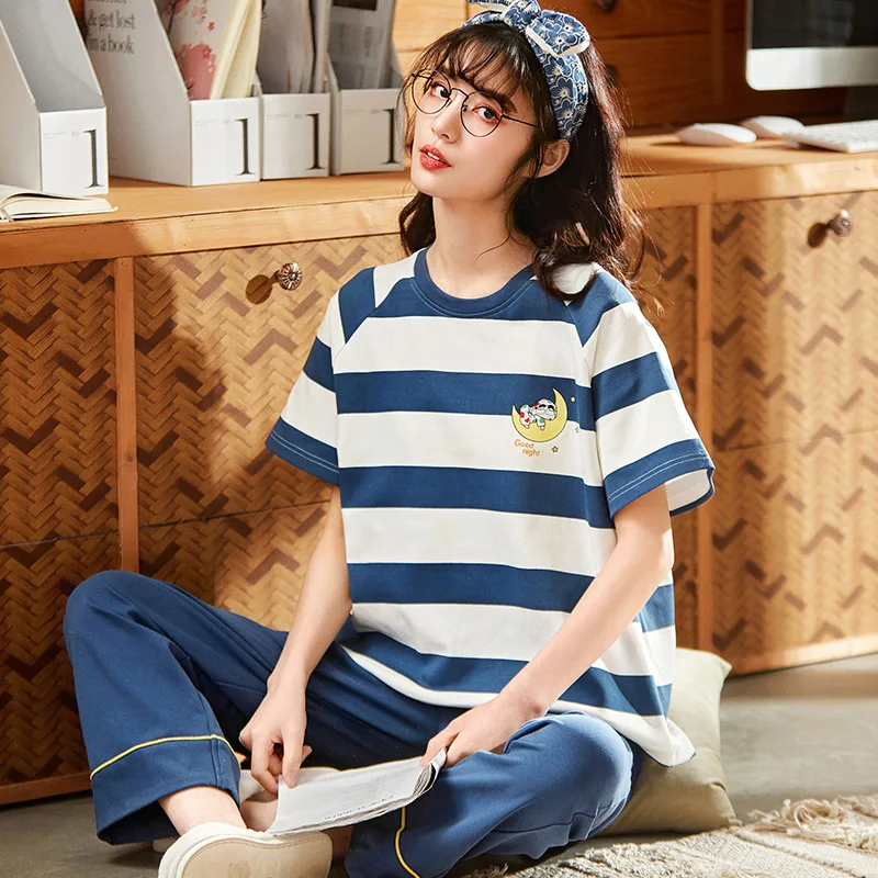 Pajamas Pure Cotton Women's Summer Nightwear Short Sleeve Trousers Simple Leisure Loose Large Size Household Clothes Sleepwear