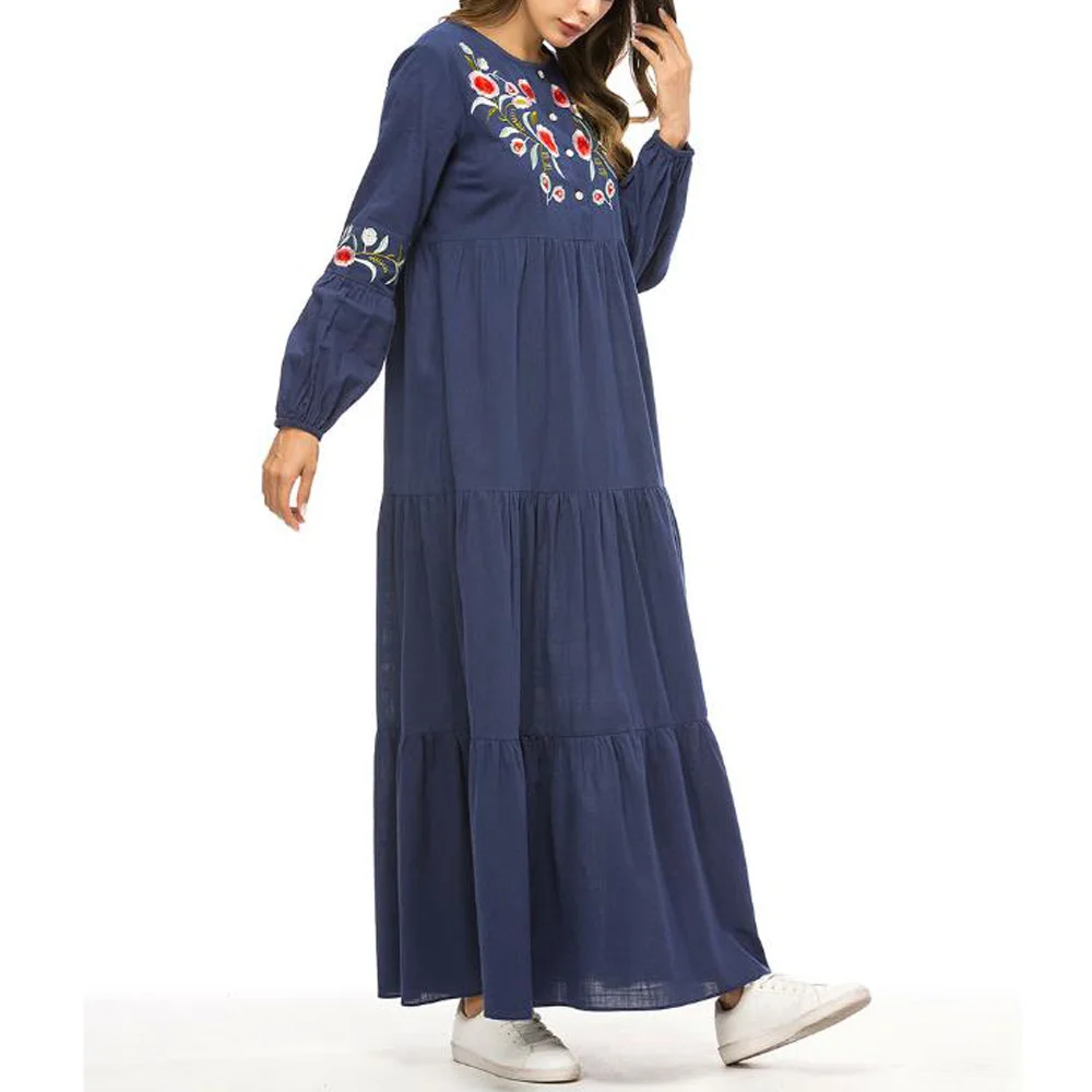 Plus Size Loose Kaftan Dress Vintage Floral Embroidery Muslim Maxi Long Sleeved Large Women Robe Longue Femme | Женская одежда