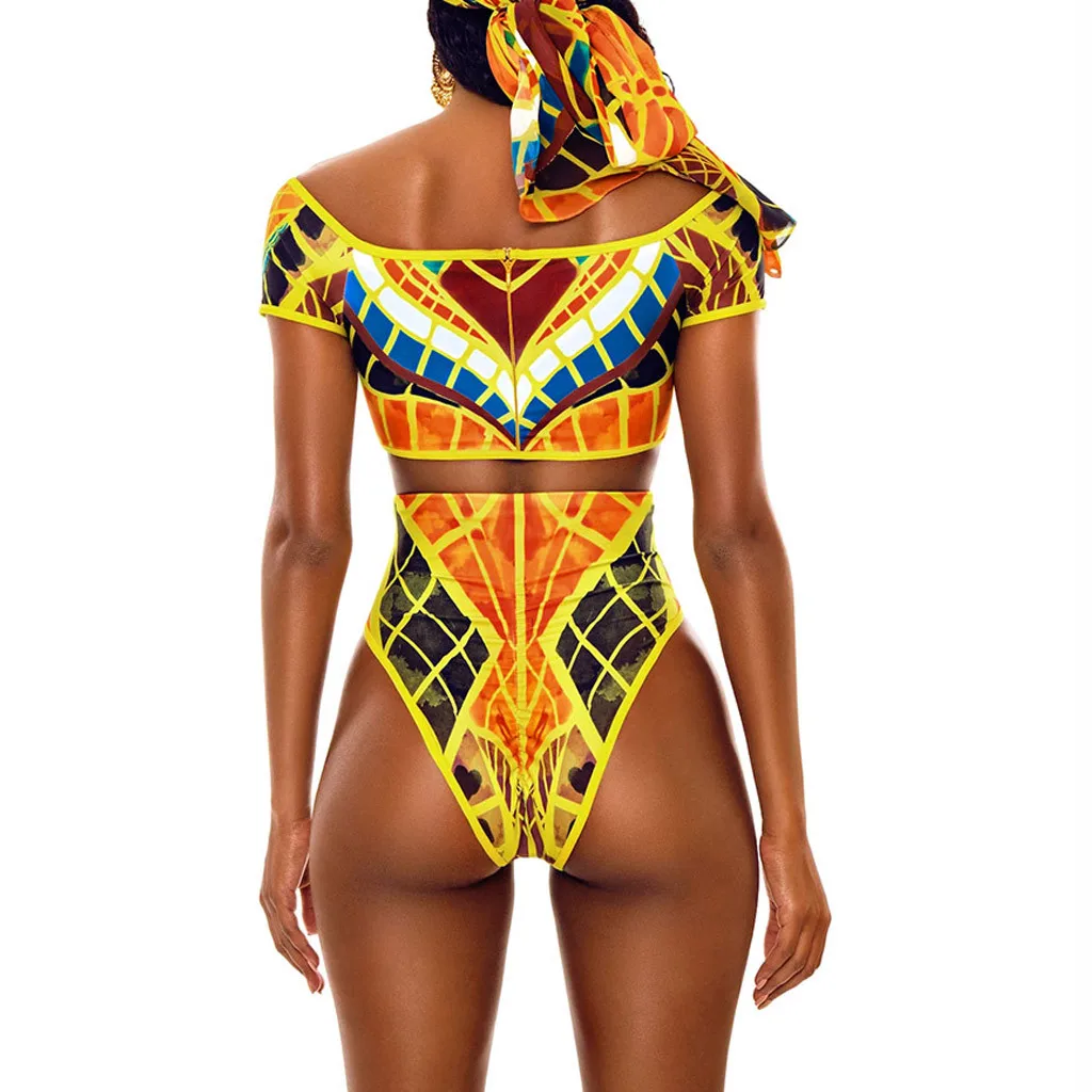 

2021 Sexy Bikini Set Women African Print V-neck High-waisted Two Piece Swimsuit 2020 Beach Bathing Suit Vintage Swimwear Biquini