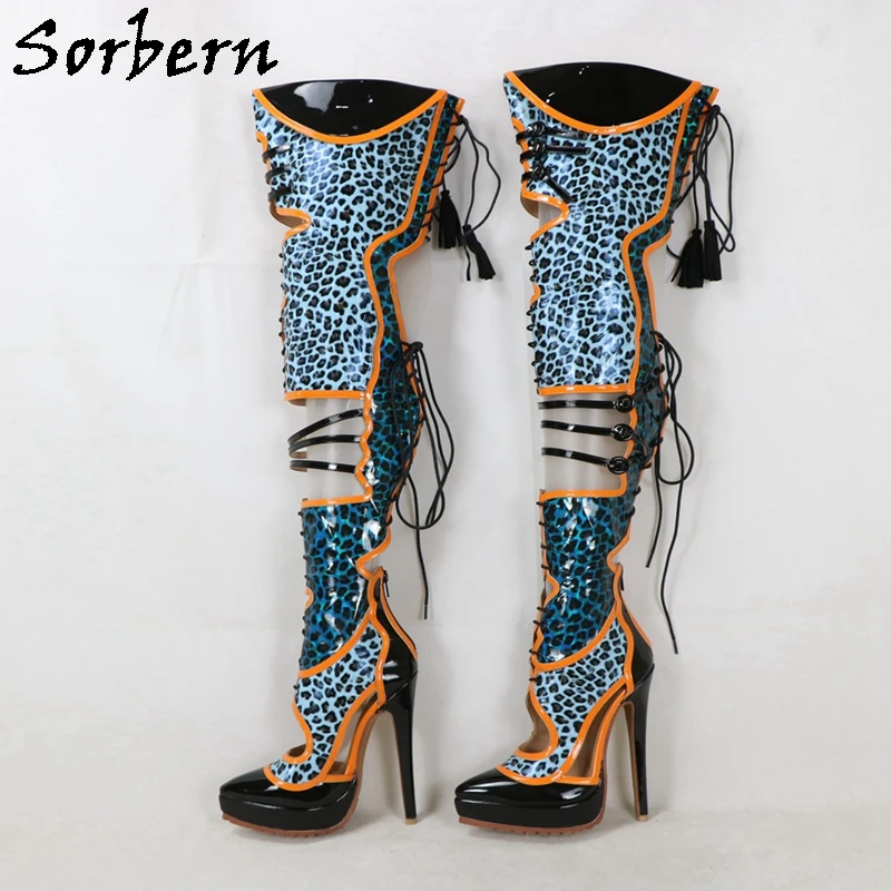 Sorbern Customized Mid Thigh Boots Women Pointed Toe Platform  High Heel Stilettos Leopard Shiny Hot Pink Fetish Shoes Lace Up