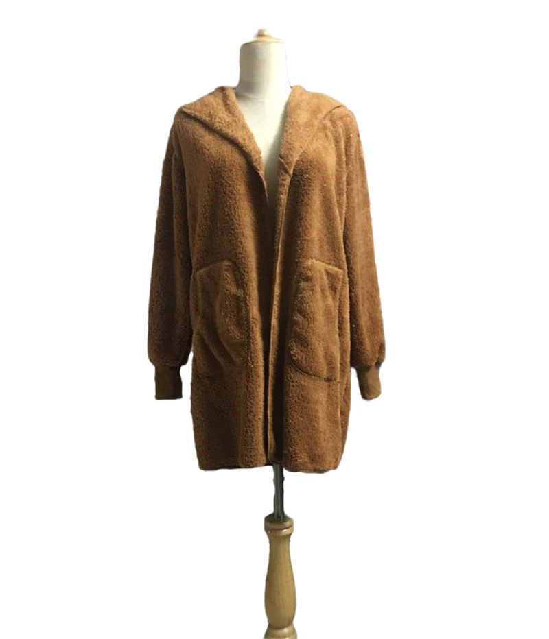 

Faux Fur Coat Women 2020 Autumn Winter Warm Soft Long Fur Jacket Outwear Plush Overcoat Pocket Buttonless Cardigan with hood