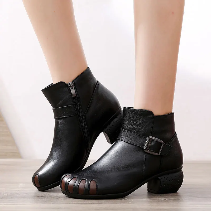 

YAERNIGlgl winter ethnic style retro cowhide handmade round head comfortable chunky heel casual splicing leather boots women's s