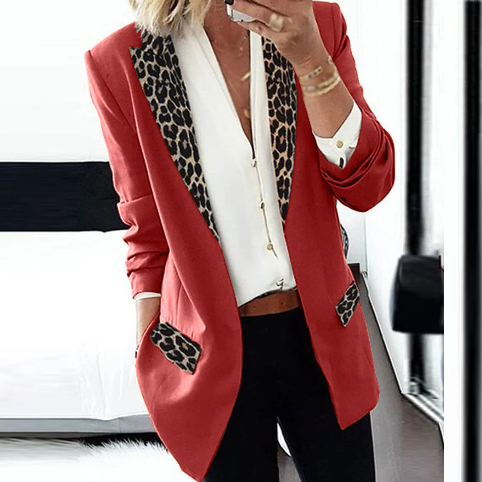 

New Trend Women Lapel Leopard Print Jacket Fashion Autumn Winter Long Sleeves Blazer Coat Lady Office Casual Blazer