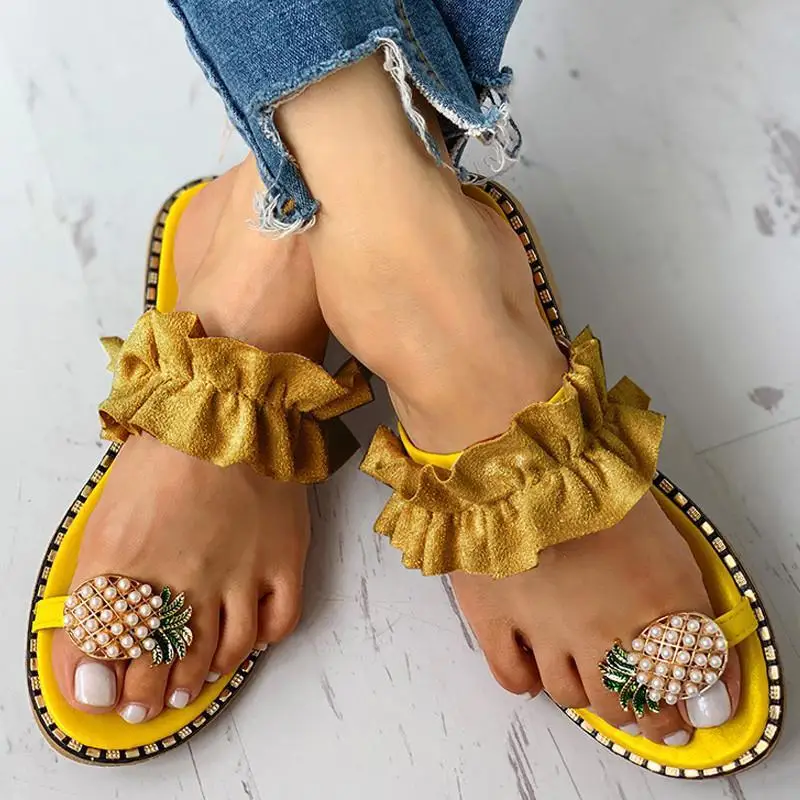 Women Flats Slippers Summer Casual Flip Flops Flowers Pearl Woman Flat Shoes 35-43 plus size Comfortable Female Beach Sandals | Обувь