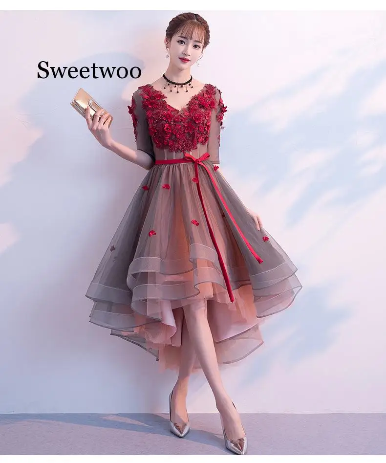 SWEETWOO New 2020 Flower Dresses Burgundy Color V-Neck Elegant Pear Short Front Long Back High Low Party Dress