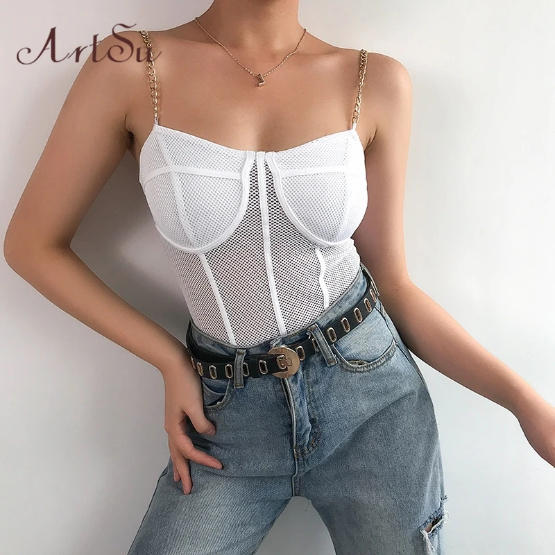 Боди на бретельках с металлическими цепочками Artsu сетчатый комбинезон Mujers
