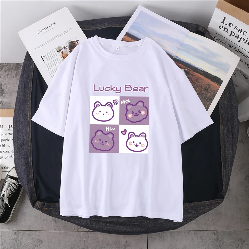 

2021 new summer loose Korean cartoon ins style short sleeve purple O-Neck girls t-shirt