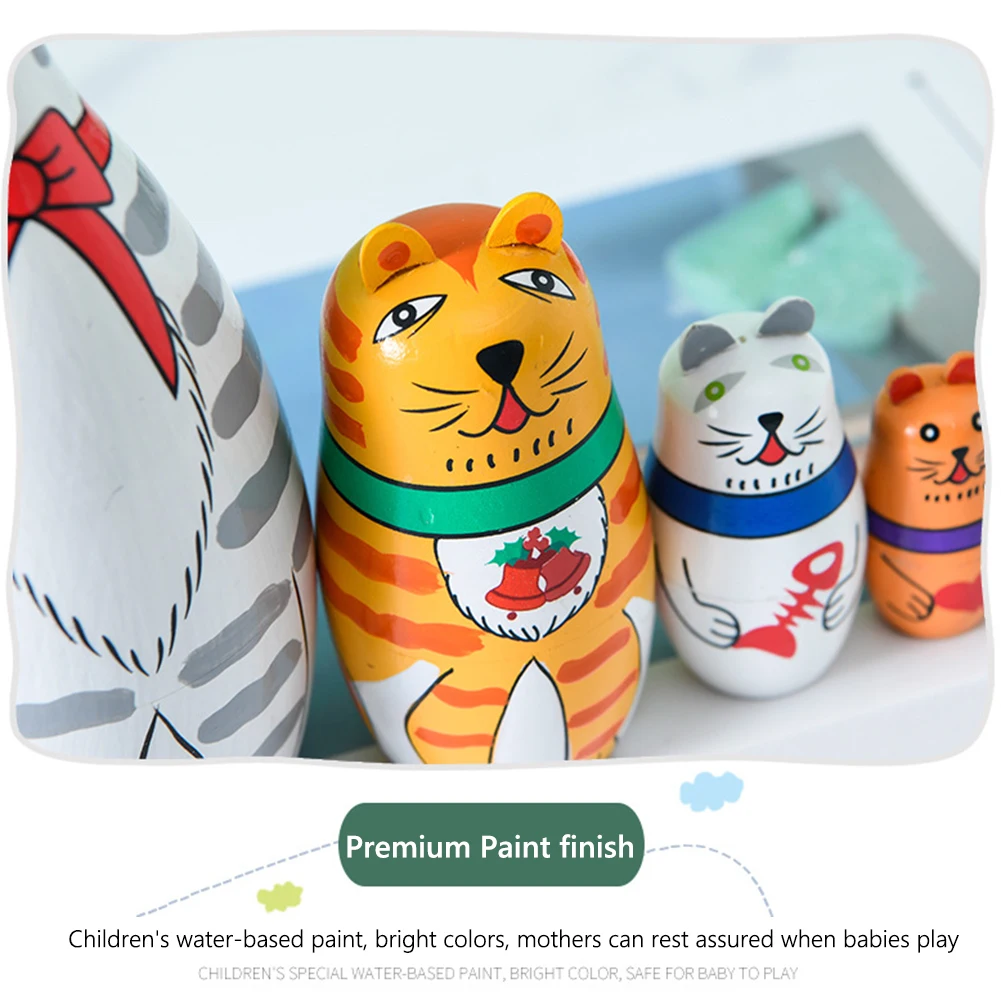 

Russian Matryoshka Five-Layer Animal Matryoshka Wooden Cartoon Children's Toy Gift Kid Gift Painted Long-Necked Cat Wooden Toy
