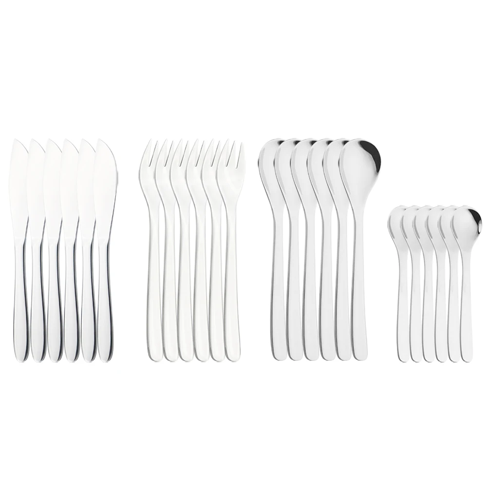 

24pcs Silver Dinnerware Smooth Stainless Steel Set Spoons Fork Knife Teaspoons Set Travel Cutlery Tableware Kitchen Party Home