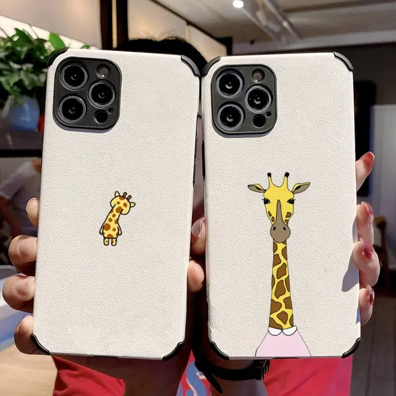 

cartoon cute giraffe Phone Case Lambskin Leather For iphone 12 11 8 7 6 XR X XS PLUS MINI PLUS PRO MAX Shockproof