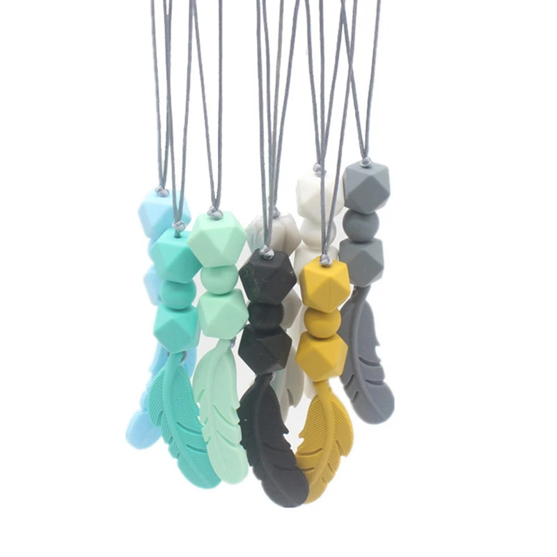 

Silicone Teething Necklace 9 Colors Silicone Bite Beads Feather Pendant Nursing Necklace Jewelry Teether Chewing Beads Jewelry