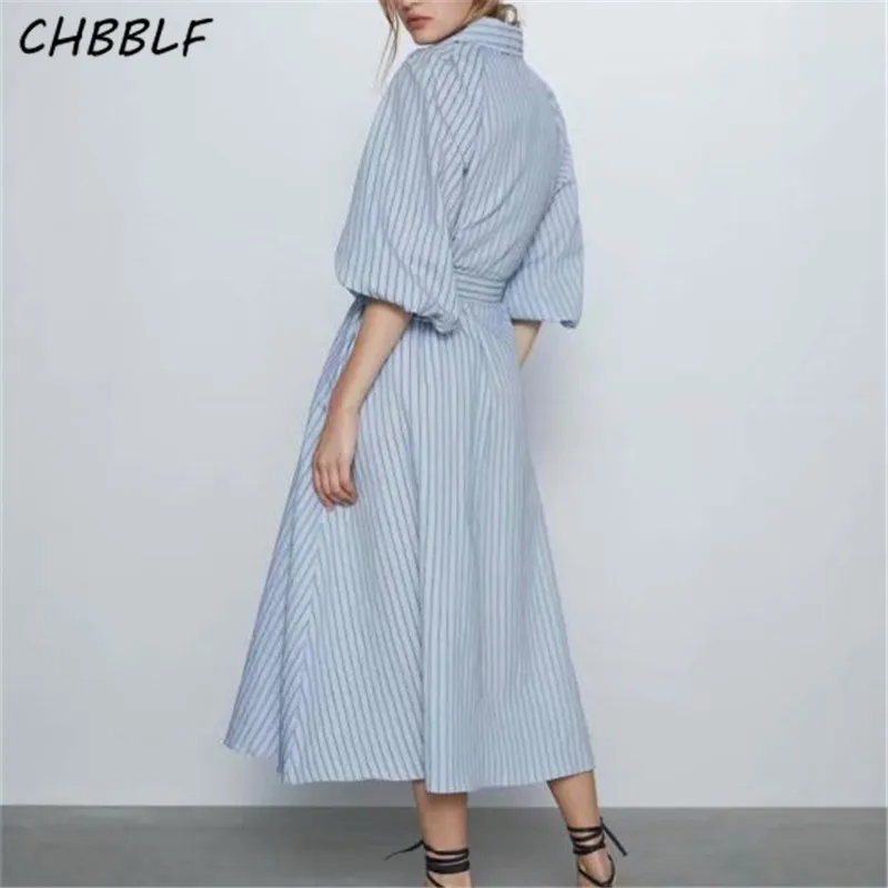 Женское платье-миди в полоску с длинным рукавом и поясом-бантом | Женская одежда