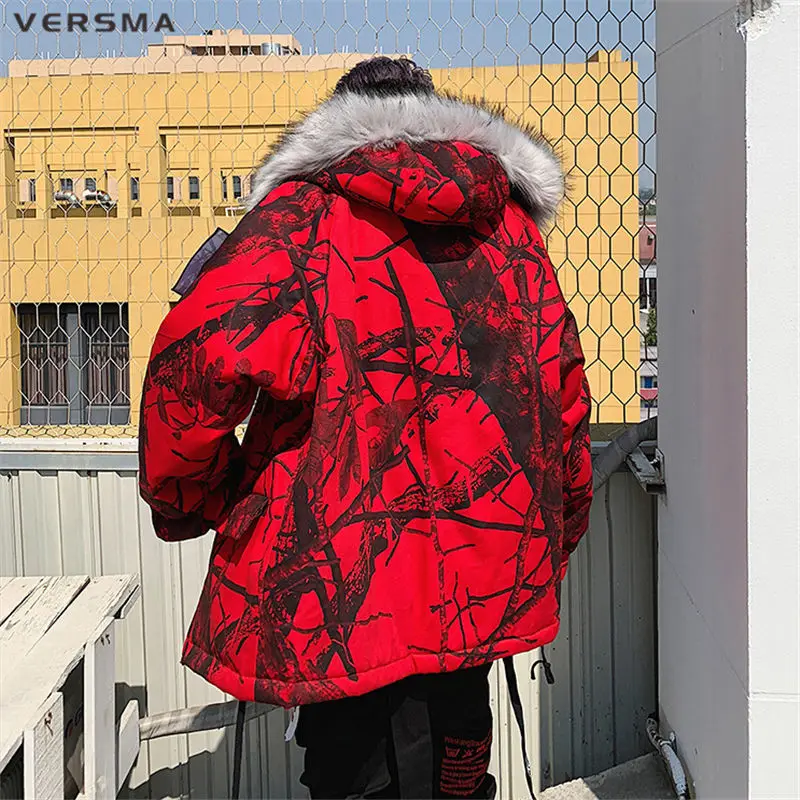 VERSMA корейский Камуфляж меховой воротник Длинная зимняя куртка Мужское пальто парка теплый капюшон хип хоп негабаритных Длинные мужские куртки пальто парки
