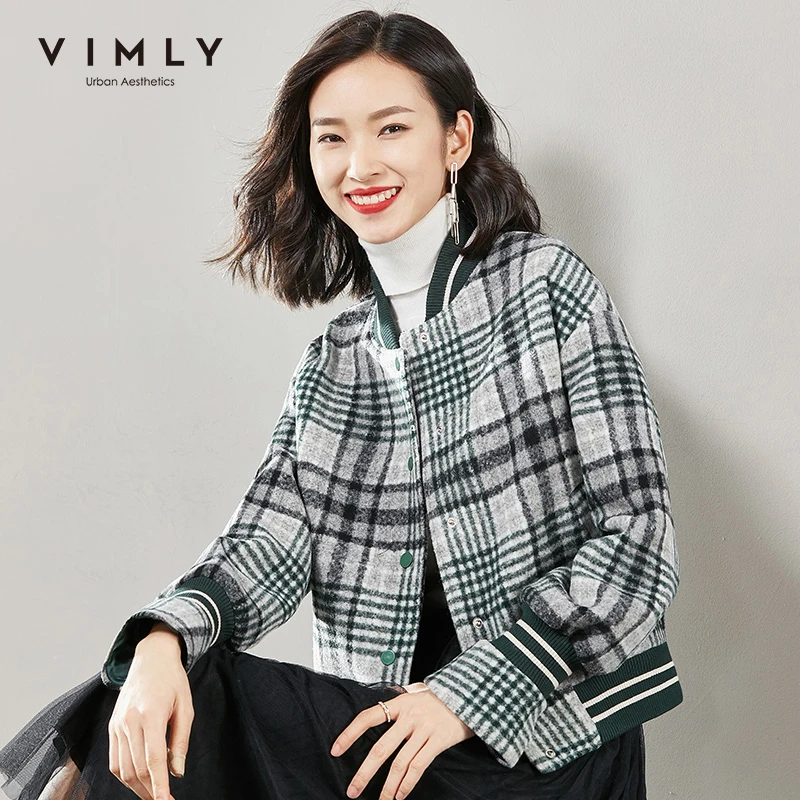 Зимнее клетчатое Короткое шерстяное пальто Vimly 2020 для женщин Ретро расклешенный