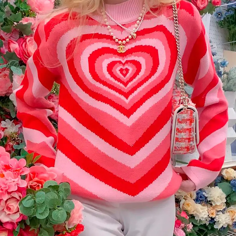 

Green Sweater 90s Knitwear All-Match Heart Striped Turtleneck Sweaters Y2K Sweater Women Sweet Pullovers Long Sleeve Hot