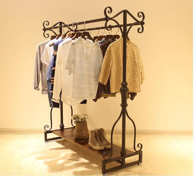 

Retro men's and women's clothing store double row middle island floor hanging clothes rack children's clothing parallel bar