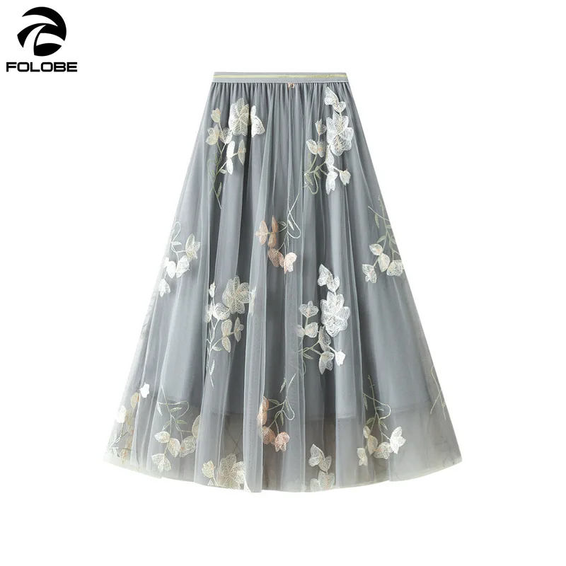 

2021 Новая Элегантная фатиновая юбка с вышивкой, Женская сетчатая юбка трапециевидной формы с высокой талией, элегантная летняя юбка средней ...