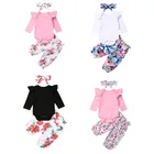 Комплекты одежды из 3 предметов с цветочным принтом для новорожденных девочек 0-24 месяцев комбинезон с длинными рукавами, топы, штаны с цветочным рисунком повязка на голову