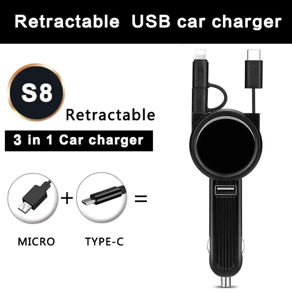 Multi-functional 3-in-1 Telescopic Car Charger Type-c Micro USB Cable Cord Adapter With Port Connectors For Cell Phones Tablet | Автомобили