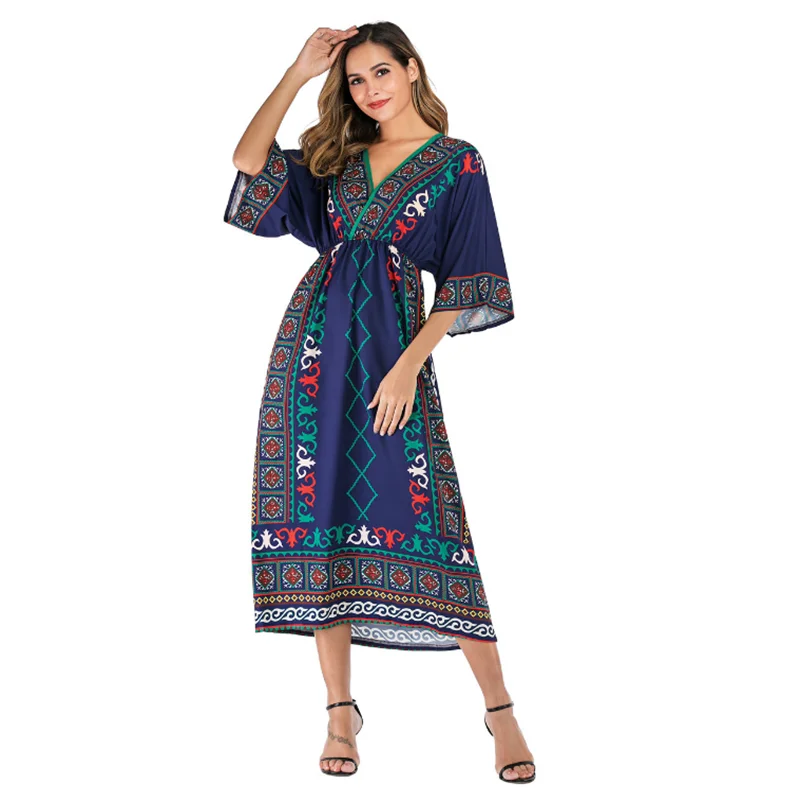 

2020 Summer New Ethnic Style Printed Dress Seaside Vacation Beach Dress Mid-Waist Short-Sleeved Loose Fashion Sweet Sexy Dress