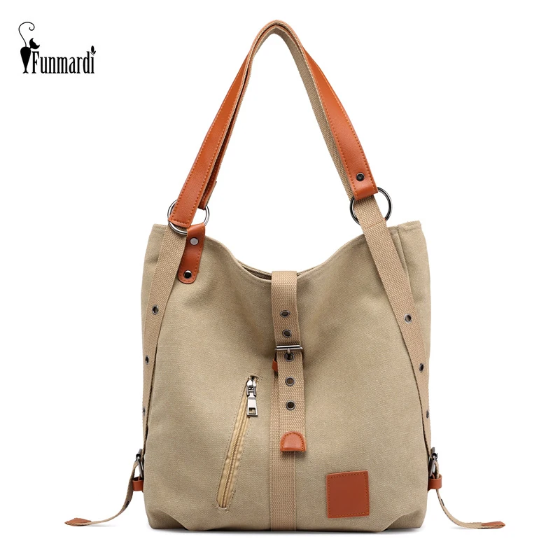 

FUNMARDI Design Rivets Bucket Canvas Tote Bag Zipper Backpack Large Fashion Shoulder Bag Women Multifunction Handbag WLHB2662