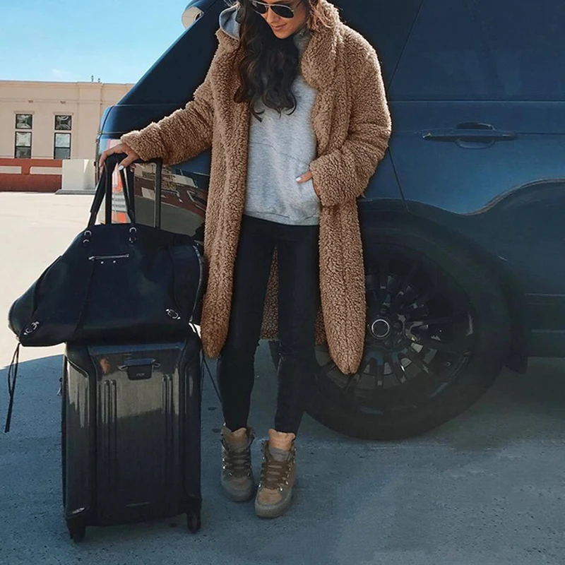 Зимнее длинное флисовое меховое пальто для женщин, шерстяная верхняя одежда, плотная теплая Женская куртка, уличное повседневное Свободное пальто