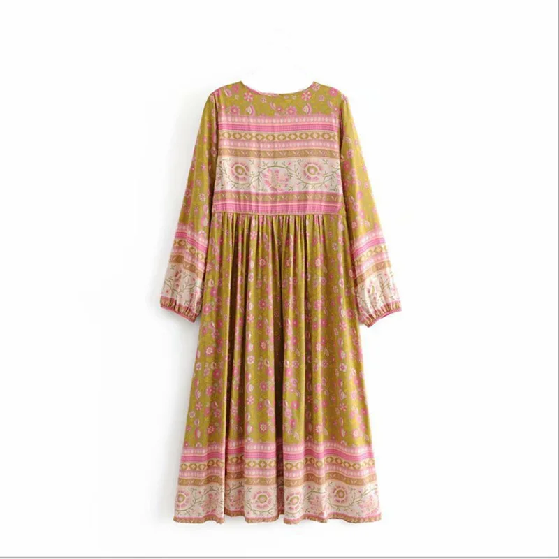 

WEPBEL Bohemian Dress Women's Casual Printed Tassel Dress Spring Summer Fashion Loose-Fit Long Sleeve O-Neck Lace Up Dress
