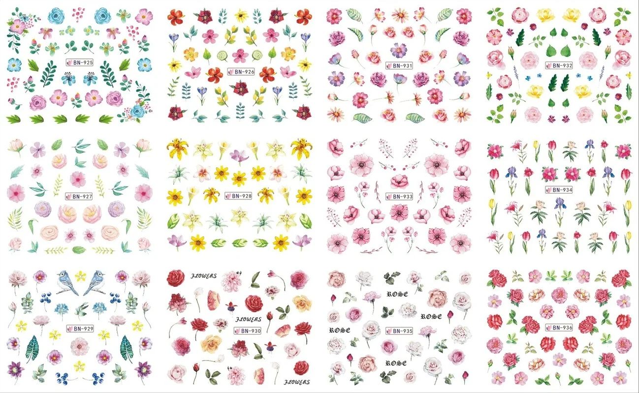 12 Designs Nail Sticker Mixed Floral Cartoon Water Transfer Decals Sliders for Nails Butterfly Leaves Tatto Manicures Decoration