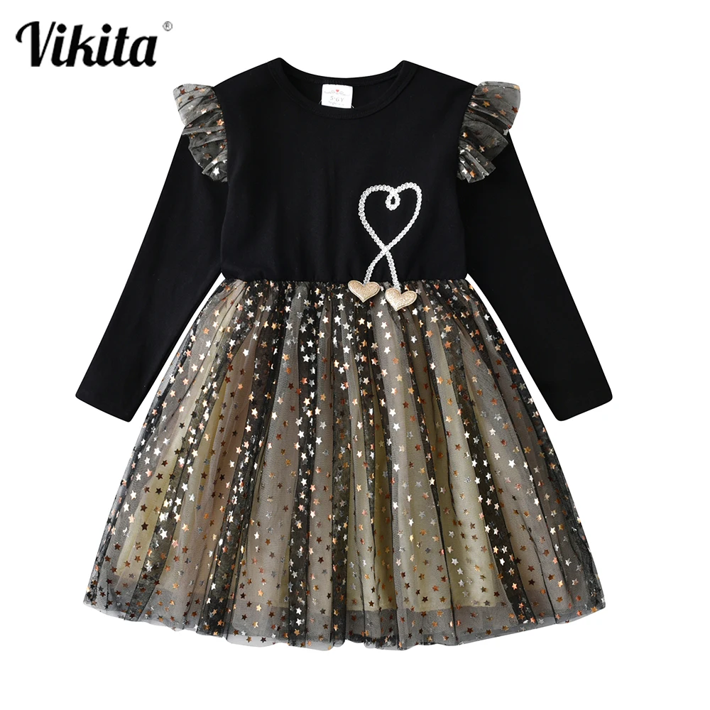 VIKITA Girl Princess Vestidos Star Sequins Dress Children Christmas Clothing Toddlers Kids Autumn Birthday Party Elegant Dresses