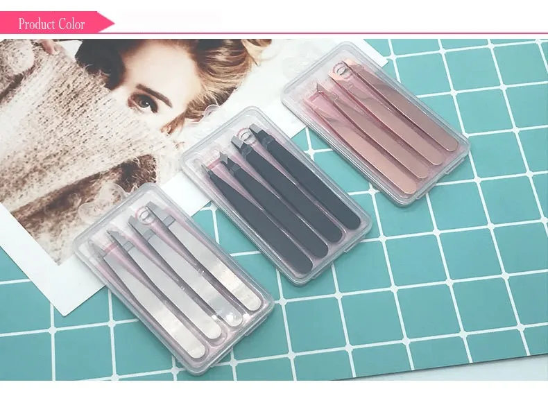 Silver-2 4 шт для бровей Пинцет из нержавеющей стали Комплект Уход за кожей лица носа волос клип Нержавеющая сталь веко клей для наращивания ресниц аппликатор инструмент с Чехол - Цвет: Silver-2