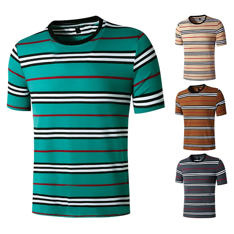 

Men's Short Sleeved T-Shirt Round Neck Contrast Striped Pullover T-Shirt Casual Patchwork Slim Type Tops for Youth