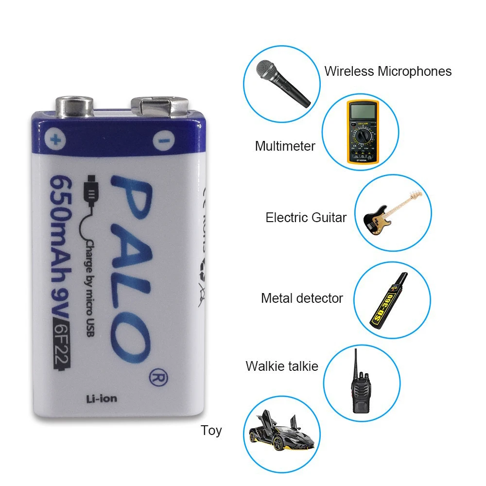 Литий-ионная аккумуляторная батарея PALO 9 В 650 мАч usb 6F2 2 литиевая для микрофона