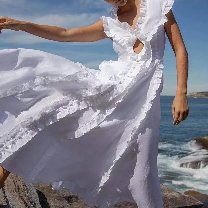 

White Dress For Women Party New 2021 Pure Color Sexy Sleeveless Hollow Navel Exposed V-Neck Wooden Ears Waist Waist Long Skirt