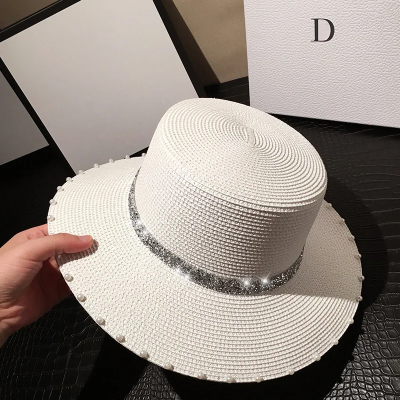 Шляпа Соломенная женская с плоским верхом модная шапка для отдыха пляжа жемчугом