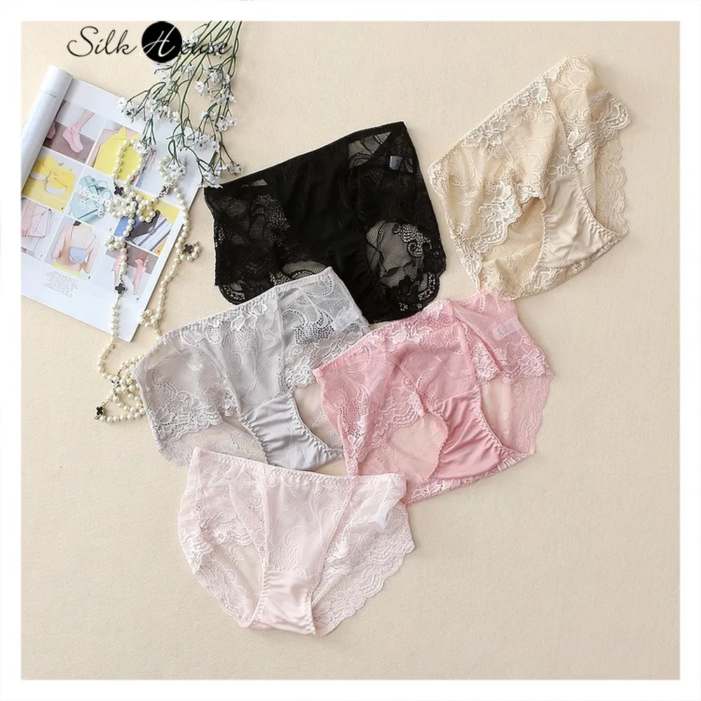 Mulberry Silk Sexy Lace Underwear Lace Breathable Traceless Comfortable Boxer Pants Silk Knitted 3 Pairs/pack Color Can Be Noted