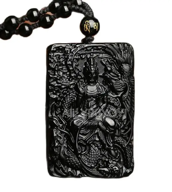 

Natural Handwork Black Obsidian Carved Chinese Dragon GuanYin Blessing Lucky Amulet Pendant + Beads Necklace Fashion Jewelry