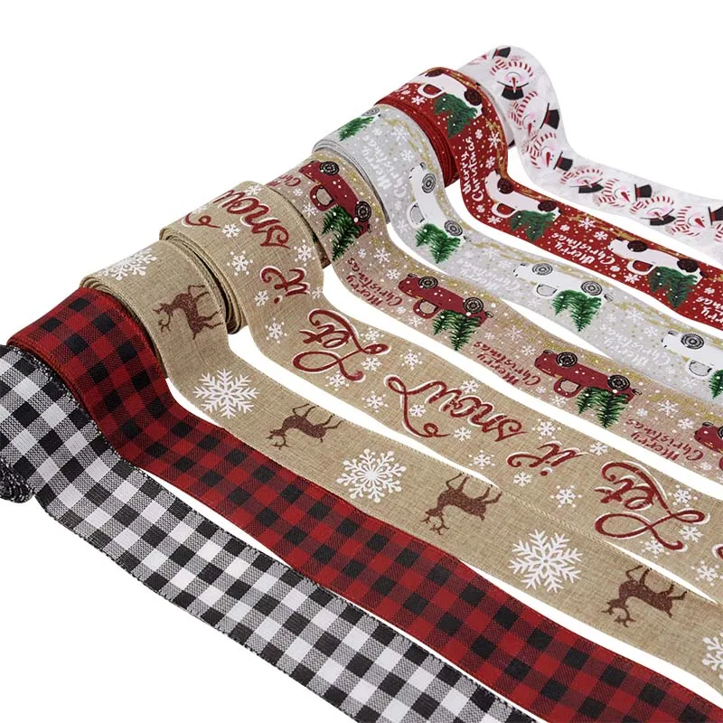 

5m Printed Jute Burlap Snowman Snowflake Plaid Merry Christmas Ribbon Roll Rustic Wedding Party Xmas Decor DIY Wreath Bow Craft