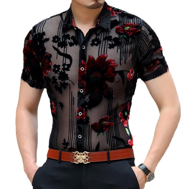 Mannen Kleding весна 2020 облегающая сексуальная прозрачная рубашка с коротким рукавом