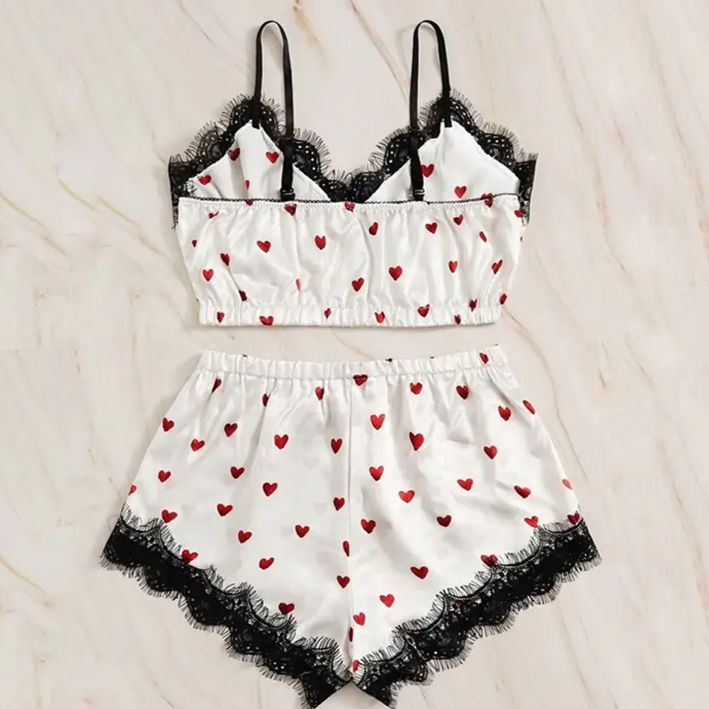 

Women 2 Piece Lingerie Sets Love Heart Lace Cami Top+Short Pant Homewear Pajama Suits